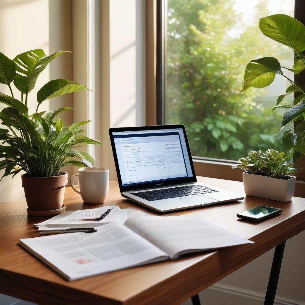 A serene and inviting workspace featuring a wooden desk with a laptop open to a budgeting app. Surrounding the desk are vibrant plants symbolizing growth and renewal. Include a coffee cup and financial planning books, with soft sunlight streaming through a window, casting gentle shadows. The atmosphere is calm, reflecting financial balance and wellness. super-realistic. vibrant colors. soft focus.